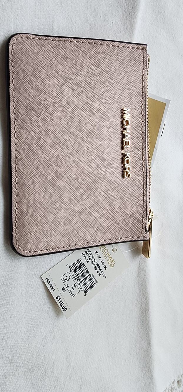 Michael Kors Jet Set Travel Leather Zip Card Case Wallet Powder Blush NWT
